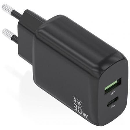 Cargador de Pared GaN Aisens A110-0924/ 1xUSB Tipo-C/ 1xUSB/ 30W/ Negro