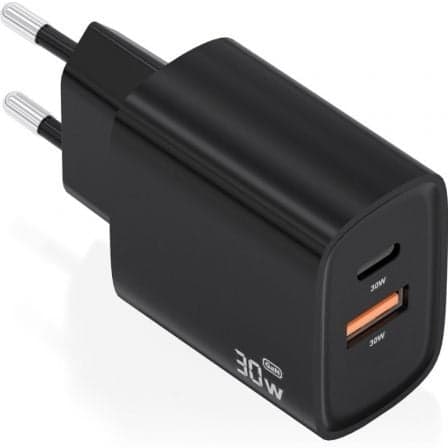 Cargador de Pared GaN Aisens A110-0953/ 1xUSB Tipo-C/ 1xUSB/ 30W/ Negro