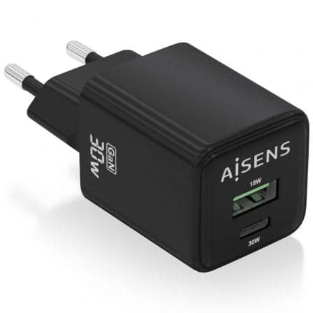 Cargador de Pared GaN Aisens ASCH-30W2P038-BK/ 1xUSB Tipo-C/ 1xUSB/ 30W