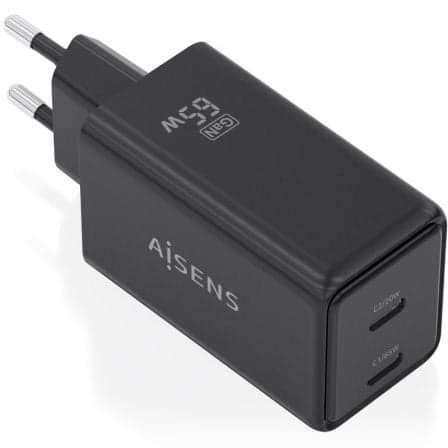 Cargador de Pared GaN Aisens ASCH-65W2P079-BK/ 2xUSB Tipo-C/ 65W/ Negro