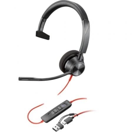 Auricular Poly Blackwire 3310 para Microsoft Teams + Adaptador USB-C/A/ con Micrófono/ USB Tipo-C/ Negro