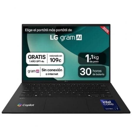 Portátil LG Gram 14ZD90T-G.AX88B Intel Core Ultra 7-255H/ 32GB/ 1TB SSD/ 14"/ Sin Sistema Operativo