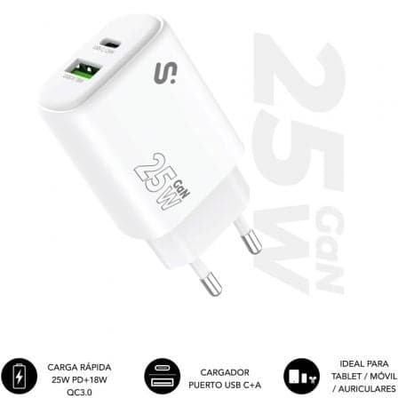 Cargador de Pared GaN Subblim 25W Charger USB C+A/ 1xUSB Tipo-C/ 1xUSB/ 25W