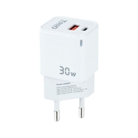Cargador de Pared GaN TooQ TQWC-GANQCPD30WT/ 1xUSB Tipo-C/ 1xUSB/ 30W