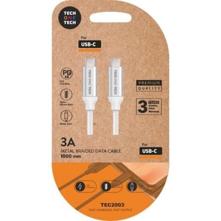 Cable USB 2.0 Tipo-C Tech One Tech TEC2204/ USB Tipo-C Macho - USB Tipo-C Macho/ Hasta 20W/ 480Mbps/ 1m/ Blanco