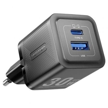 Cargador de Pared GaN Vention FEQB0-EU/ 1xUSB Tipo-C/ 1xUSB/ 30W