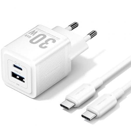 Cargador de Pared GaN Vention TZ-FEQW0-EU-01/ 1xUSB Tipo-C/ 1xUSB + Cable USB Tipo-C/ 30W
