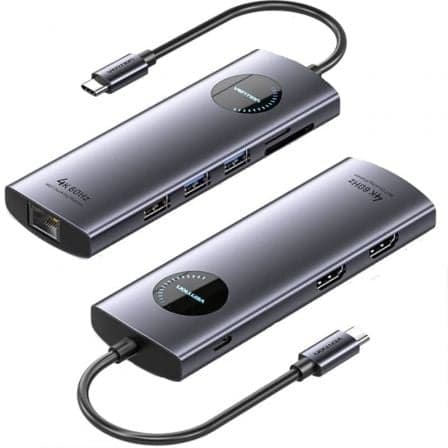 Docking USB Tipo-C Vention TQVHB/ 2xHDMI 4K/ 3xUSB/ 1xRJ45/ 1xLector de Tarjetas/ 1xUSB Tipo-C PD/ Gris