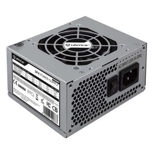 Fuente Alimentación Unykach SFX mATX (Formato cuadrado) 450W - 1x ventilador 8cm - 24 pins - 2 x SATA - 2 x Molex - 1 x 20+4 pin - 1 x 4 pin 12V - CE - RoHS