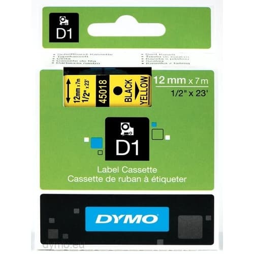 LABEL CASSETTE DYMO D1 STANDARD 12MM X 7M NEGRO/AMARILLO 45018