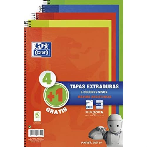 OXFORD CUADERNO ESPIRAL WRITE&ERASE 80 HOJAS 4X4 CON MARGEN TAPAS EXTRADURAS FOLIO COLORES VIVOS -PACK 4+1-