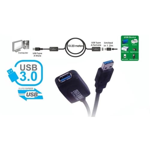 Cable extensión activo USB 3.0 A Macho a A Hembra - 5m - Negro