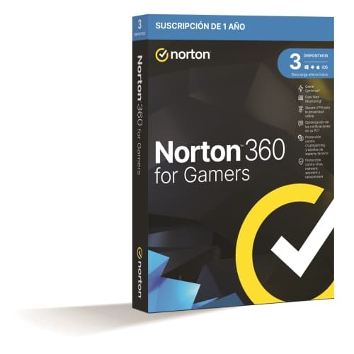 Norton 360 For Gamers - Antivirus - 50GB almacenamiento - 1 usuario - 3 dispositivos - 12 meses - Game optimizer - SafeCam - Secure VPN - Dark Web Monitoring - Caja