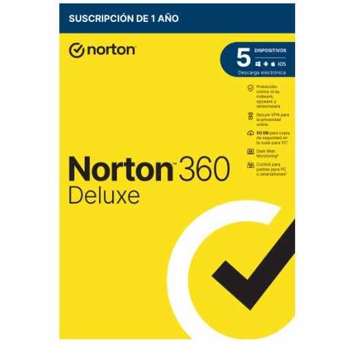 Norton 360 Deluxe - Antivirus - 50GB almacenamiento - 1 usuario - 5 dispositivos - 12 meses - Control parental - Horario escolar - Dark Web Monitoring - ESD licencia electrónica