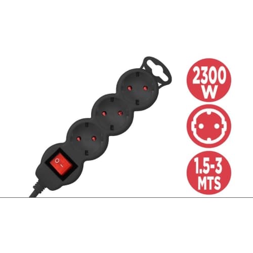 Regleta 3 tomas schuko con interruptor en negro - 1.50 metros - Hasta 10A