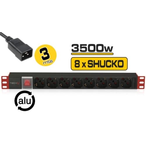 Phasak - Regleta 19" 8 tomas, conector IEC C20, con interruptor, 3m Negra