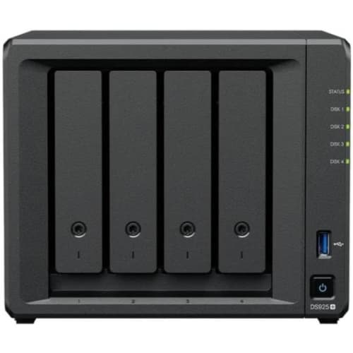 Synology DS925+ NAS - 4 bahías (3.5"/2.5") - 1 x M.2 - AMD Ryzen V1500B 4 núcleos - 4GB ECC SoDimm - 2 zócalos memoria (1 usado) - 2x2.5GbE - 2xUSB 3.2 - USB-C