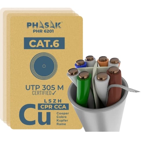Phasak - Bobina cable UTP Cat. 6 Solido 100% cobre (CPR Cca) AWG24 Fluke LSZH 305 m