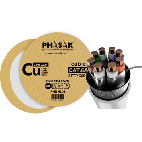 Phasak - Bobina cable S/FTP Cat. 6A Solido 100% Cobre (CPR Cca) 23AWG Fluke LSZH 305 m