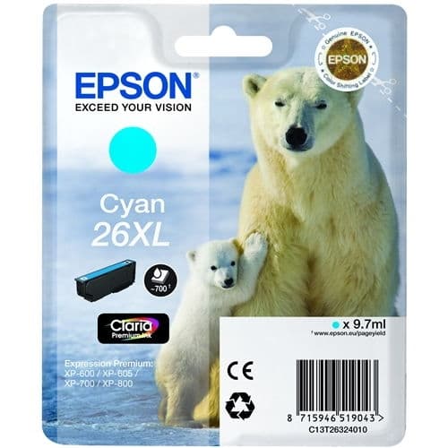 EPSON CARTUCHO CIAN T26XL 700 PÁGINAS BLISTER SIN ALARMA XP/600/605/700/800