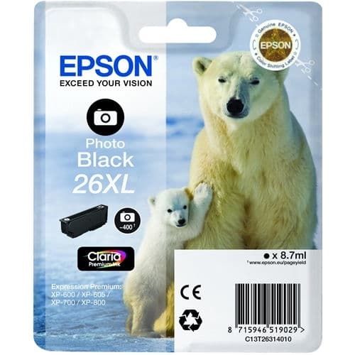 EPSON CARTUCHO NEGRO FOTO T26XL 400 PÁGINAS BLISTER SIN ALARMA XP/600/605/700/800