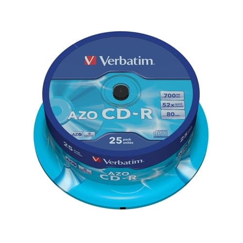 VERBATIM CD-R 700MB 52X BOBINA 25 80 MINUTOS SUPERFICIE CRISTAL SUPER AZO