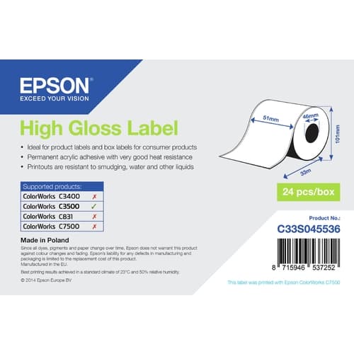 Epson Etiquetas altamente brillantes, Rollo, 51mm x 33m C33S045536