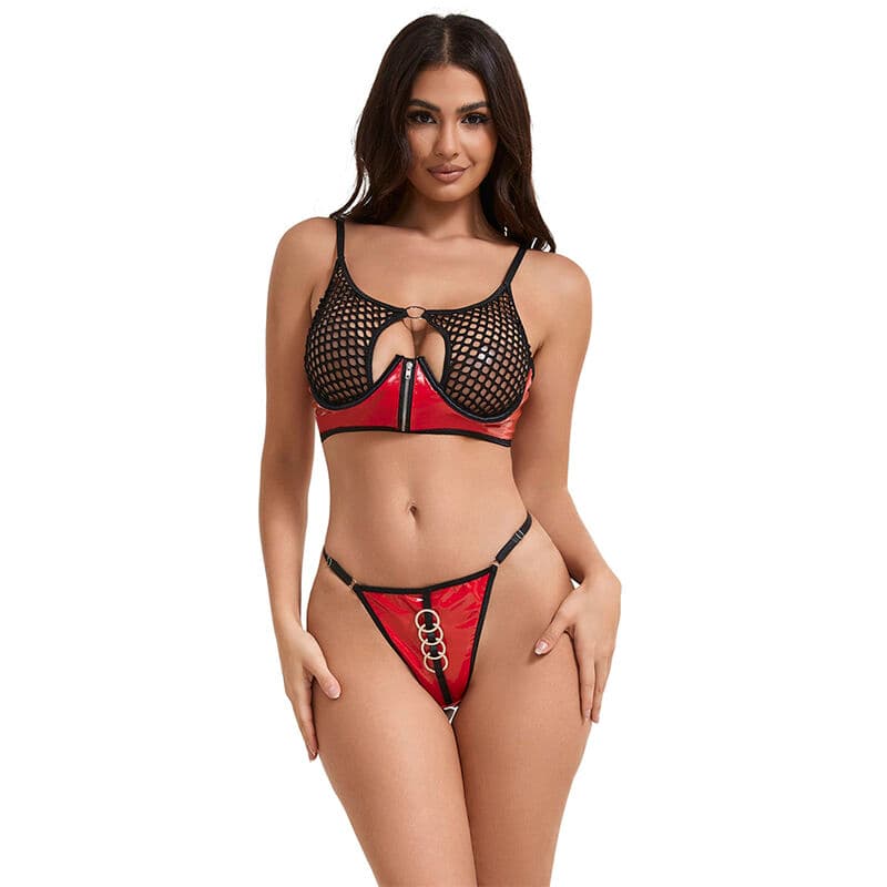 SUBBLIME - 955533 CONJUNTO SUJETADOR CON CREMALLERA DE MALLA DE CHAROL ROJO S/M