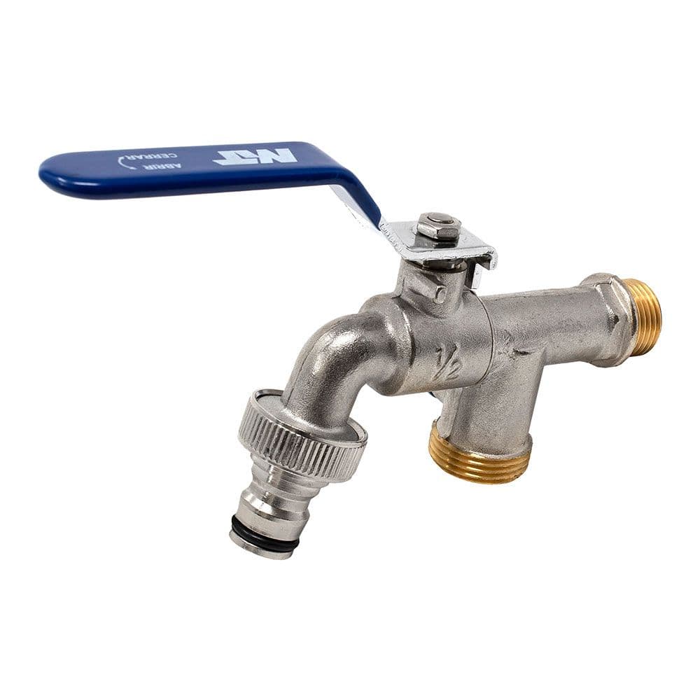 GRIFO ESFERA JARDÍN PN16 PALANCA ACERO CROMADO ??ؽ pulg x DOS SALIDAS ؾ pulg