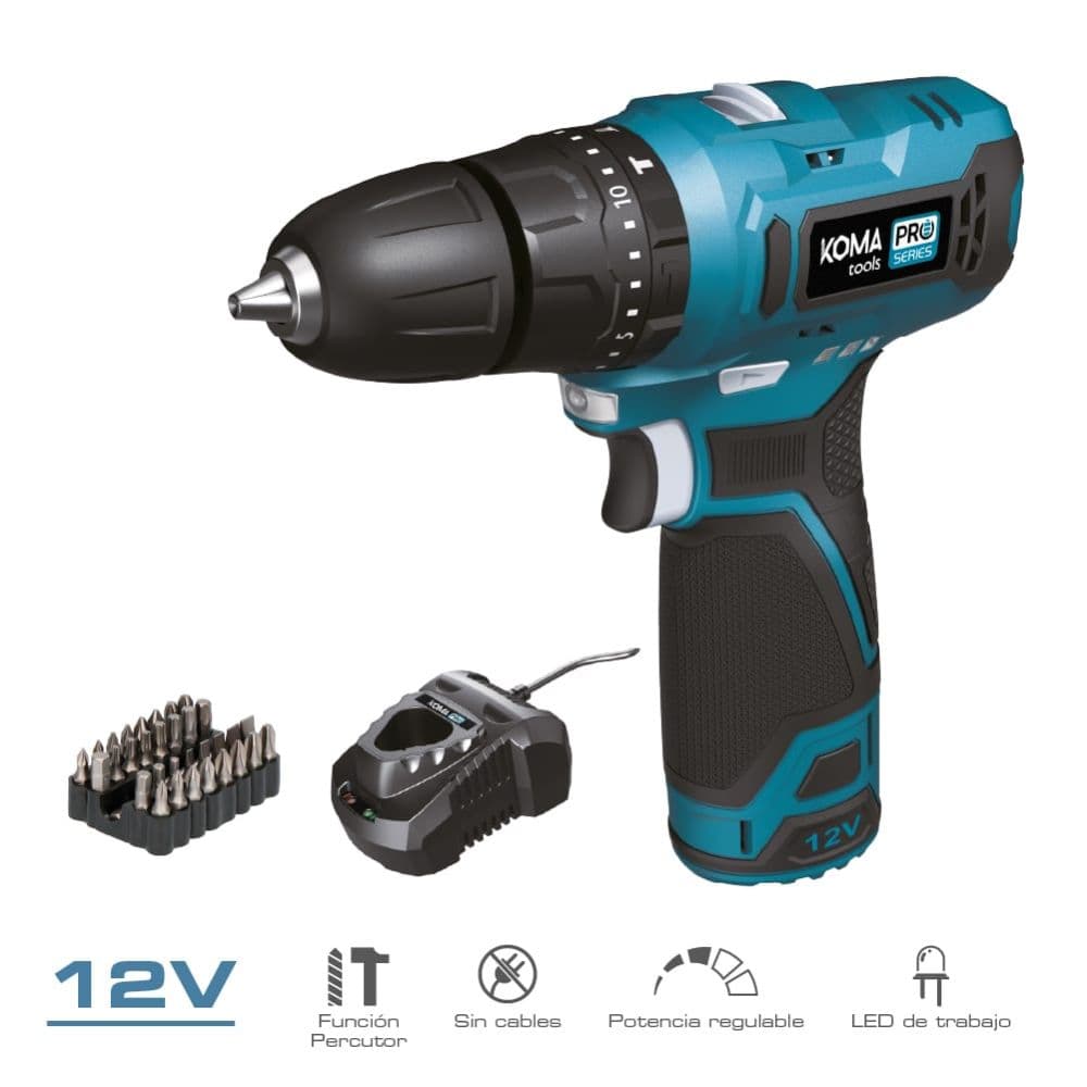 KIT TALADRO PERCUTOR 12 V CON ACCESORIOS, BATERÍA 2.0Ah Y CARGADOR