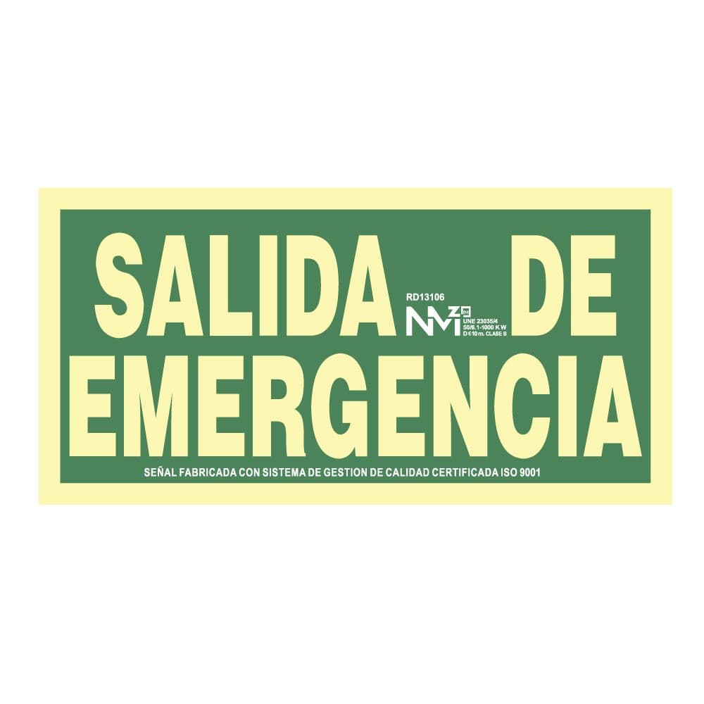 CARTEL DE EVACUACIÓN "SALIDA DE EMERGENCIA" (PVC 1mm) CLASE A 30x15cm NORMALUZ