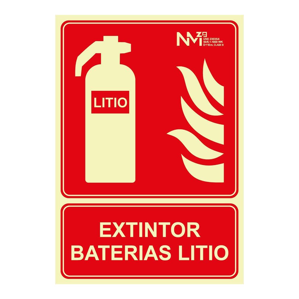 CARTEL DE EXTINCIÓN "EXTINTOR" DE BATERIAS DE LITIO CLASE B (0,7 mm) 210 x 300 mm
