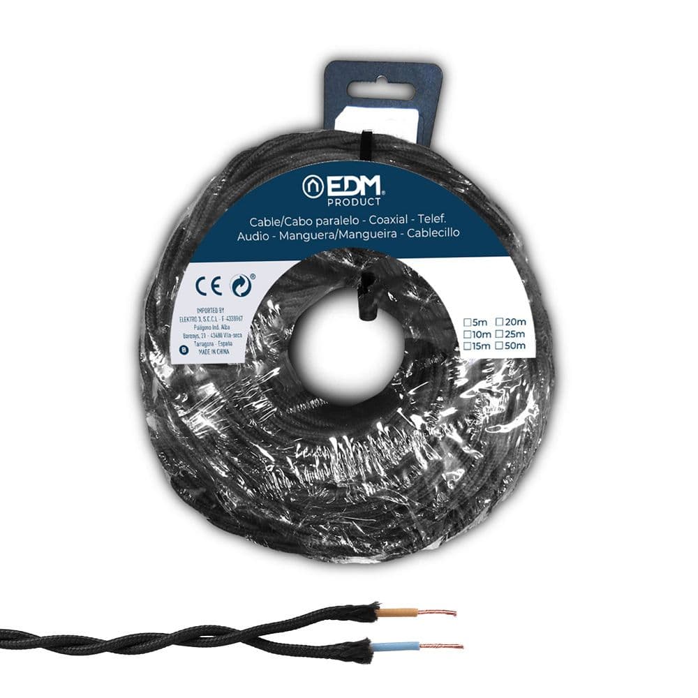 CARRETE CABLE PARALELO TEXTIL TRENZADO H05VV-F 2 x 1,50 mm² NEGRO, 5 m