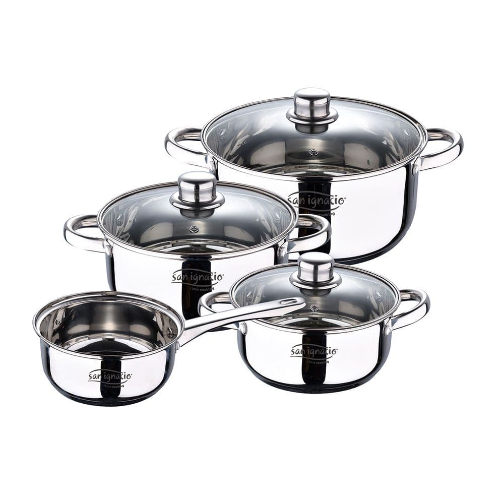 BATERIA 7 PIEZAS DE ACERO INOX IND CASSEL: CAZO Ø16 cm / CACEROLA CON TAPA Ø18 cm / CACEROLA CON TAPA Ø20 cm / CACEROLA CON TAPA Ø24 cm