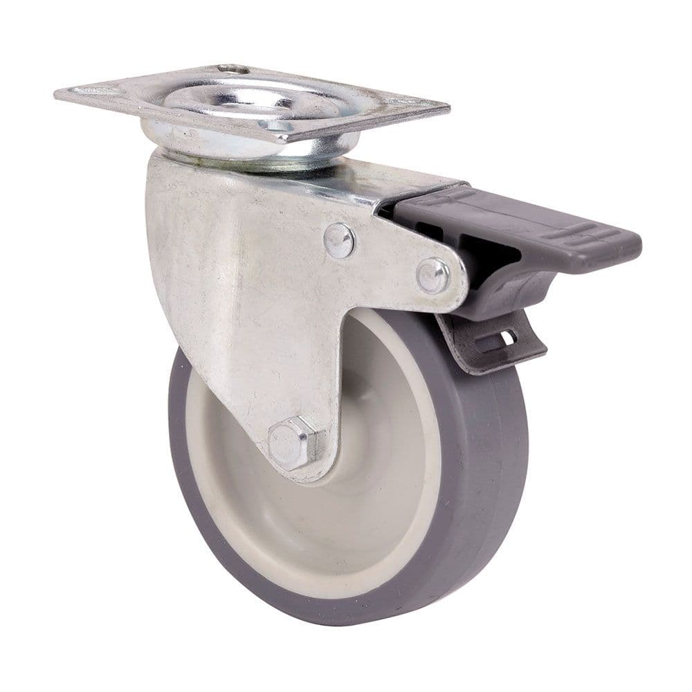 RUEDA GIRATORIA DE GOMA CON PLACA, EJE LISO Y FRENO, COLOR GRIS, CARGA MÁX. 40 kg, Ø 5 cm