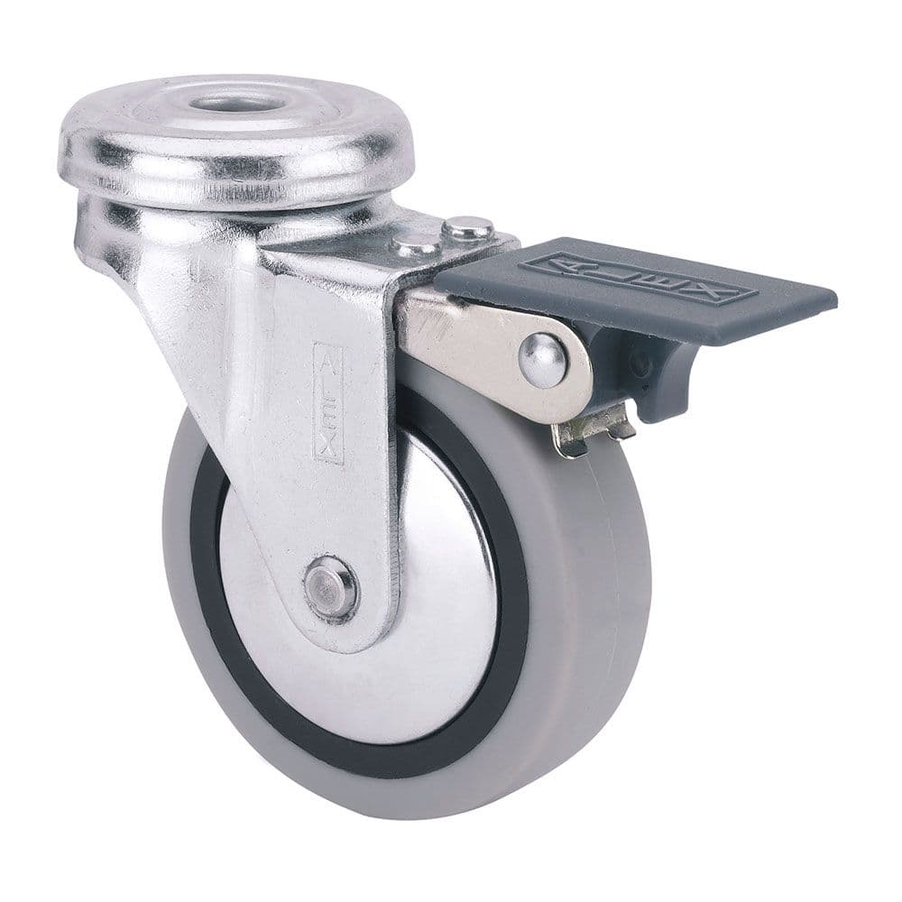 RUEDA GIRATORIA DE GOMA CON AGUJERO, FRENO Y EJE LISO, COLOR GRIS, CARGA MÁX. 17 kg, Ø 4 cm