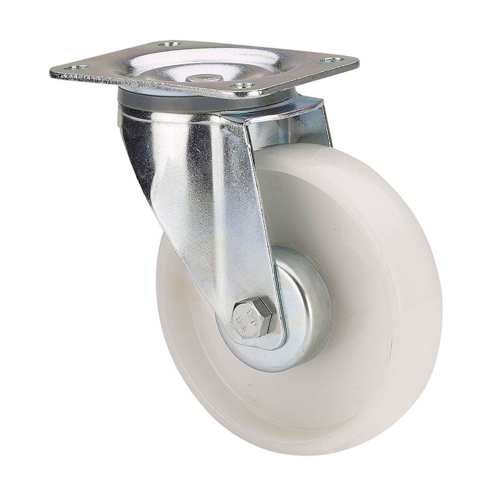RUEDA GIRATORIA DE POLIAMIX CON PLACA Y EJE LISO, COLOR BLANCO, CARGA MÁX. 170 kg, Ø 12,5 cm