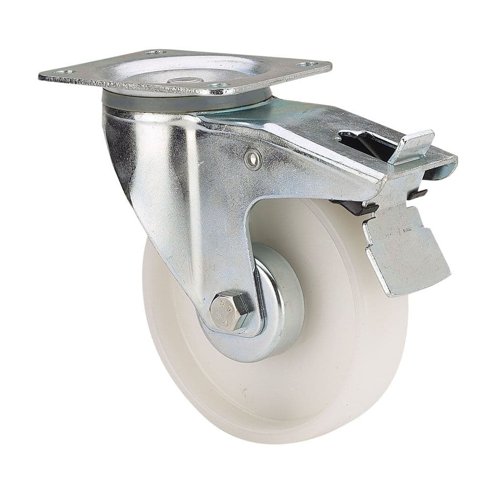 RUEDA GIRATORIA DE POLIAMIX CON PLACA, EJE LISO Y FRENO, COLOR BLANCO, CARGA MÁX.170 kg, Ø 12,5 cm