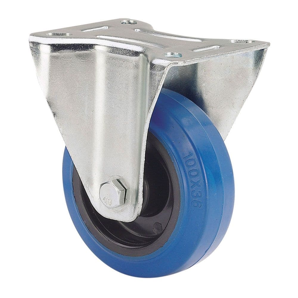 RUEDA FIJA DE GOMA, CON PLACA Y EJE DE RODILLOS, COLOR AZUL, CARGA MÁX. 100 kg, Ø 10 cm