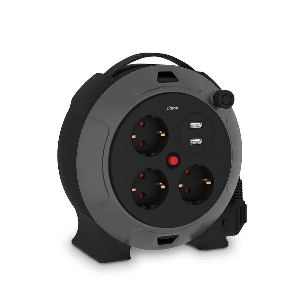 ENROLLACABLES CON 2 USB A, 3 TOMAS 2P+TT SCHUKO, 16 A, 230 V~, H05VV-F 3 G 1,5 mm², 5 m, NEGRO/GRIS