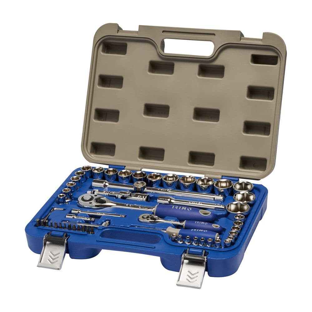 LLAVE DE CARRACA ½ Y ¼ pulg, VASOS HEXAGONALES ½ 8-32mm Y ¼ 4-13mm, JUEGO 58 PIEZAS