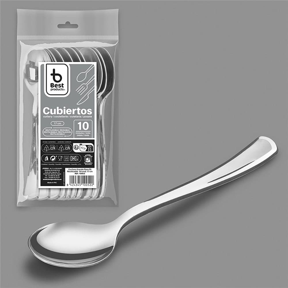 CUCHARA REUTILIZABLE COLOR PLATA 17 cm, 10 uds