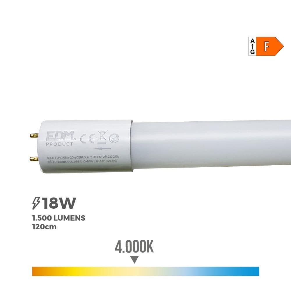 TUBO LED T8 18 W 1950 lm 4000 K LUZ DIA (EQ.36W) Ø2,6 x 120 cm
