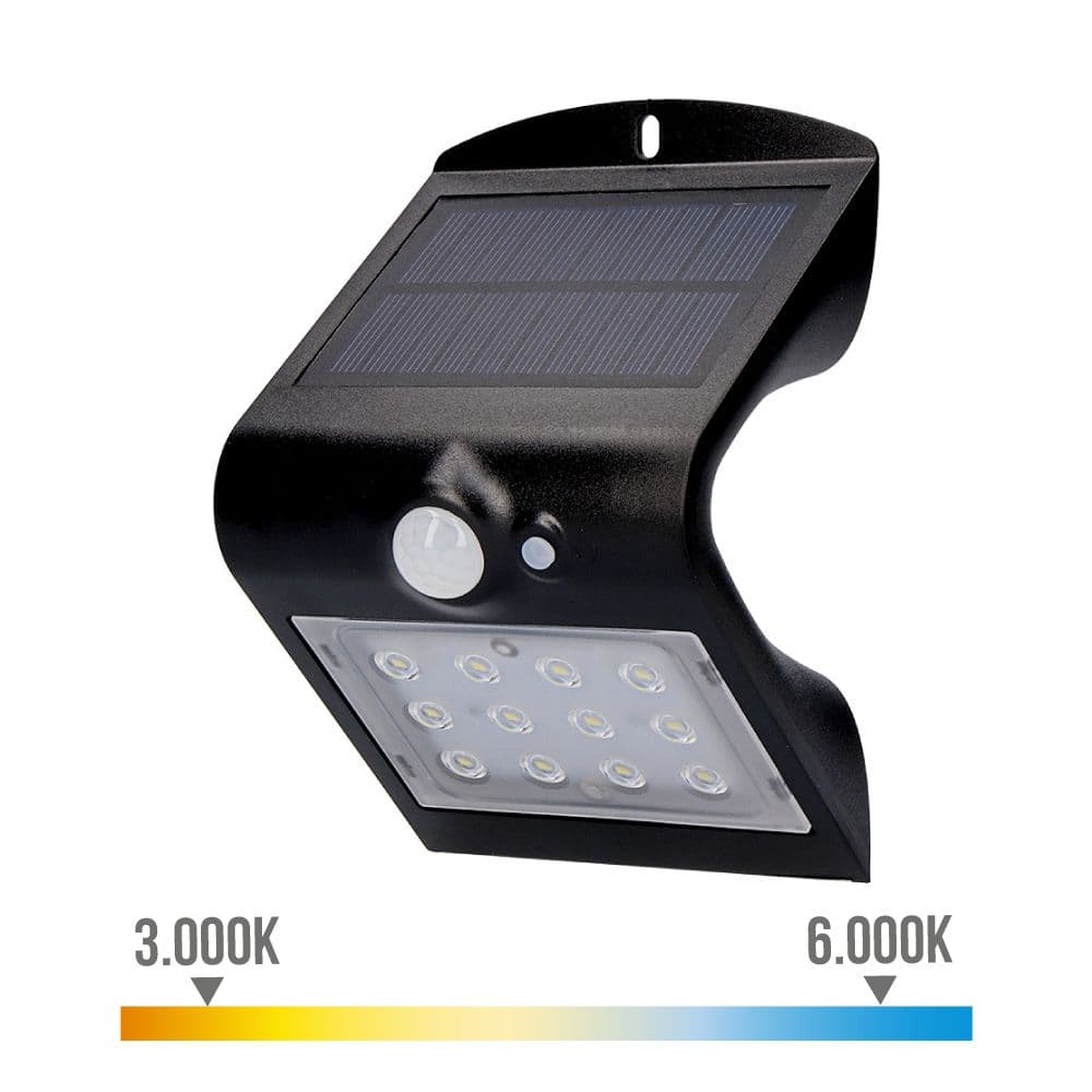 APLIQUE SOLAR 1,5W 220lm RECARGABLE. SENSOR DE PRESENCIA (2-6m) COLOR NEGRO 9,6x7,3x14cm EDM