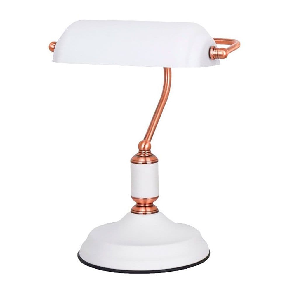 LÁMPARA DE MESA, E27, TIPO BANQUERO, BLANCA+COBRE - BASE Ø185 mm - 260 x 195 x 345 mm