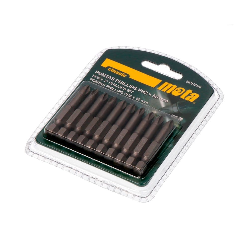 PACK 10 PUNTAS BIT PH2 x 50mm 1/4" ACERO BPH250 MOTA