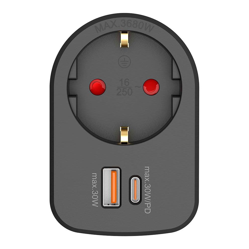 ADAPTADOR COMBI 30 W USB A + C + 1 TOMA SCHUKO, 16 A 250 V~, NEGRO