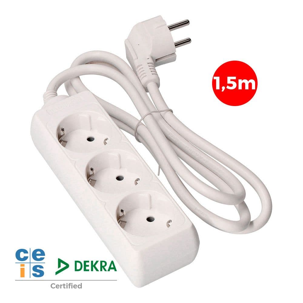 BASE MÚLTIPLE, 3 TOMAS SCHUKO 2P+T, 1,5m DE CABLE H05VV-F 3G1,5 mm² 16A 250V~ 3680 W, BLANCA