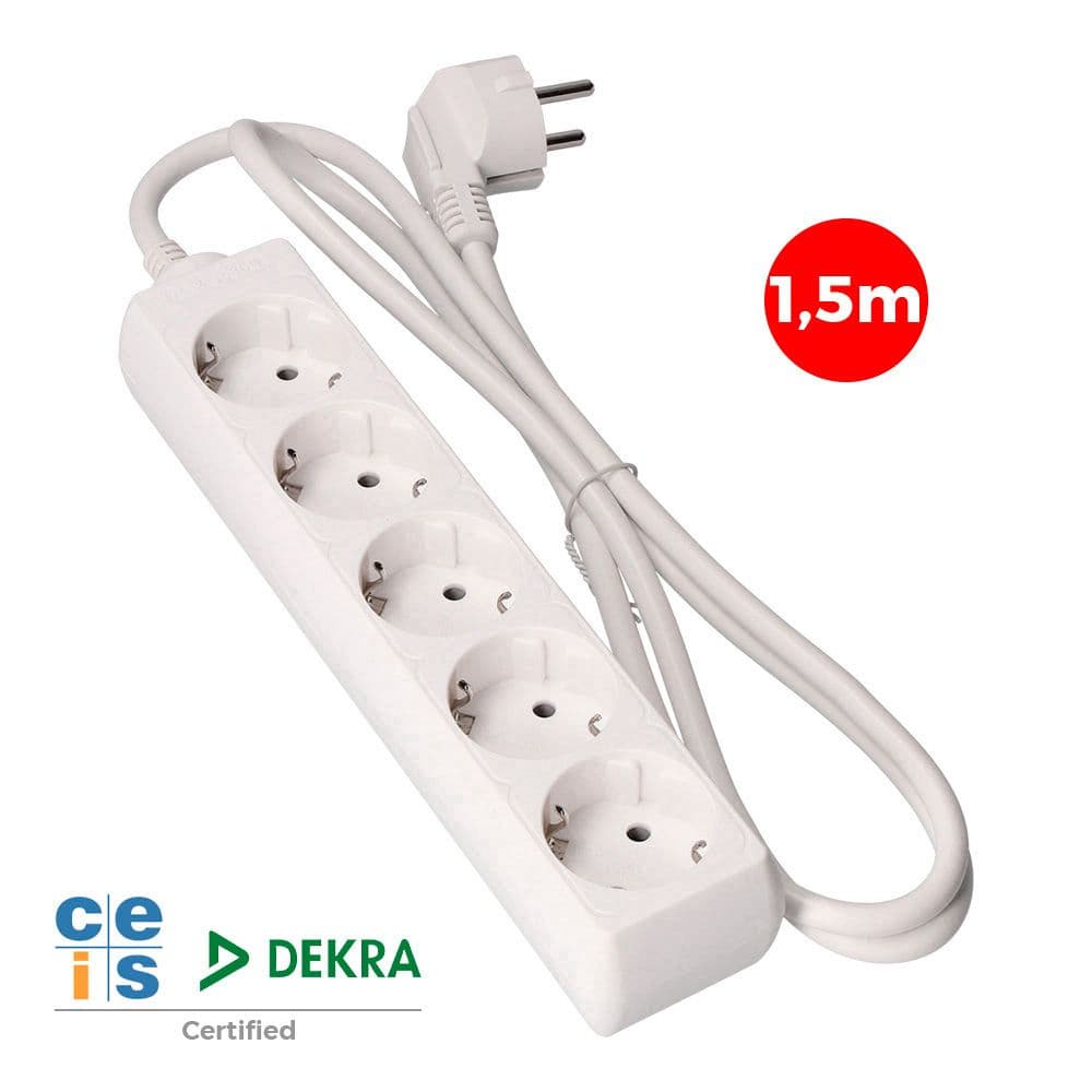 BASE MÚLTIPLE, 5 TOMAS SCHUKO 2P+T, 1,5m DE CABLE H05VV-F 3G1,5 mm² 16A 250V~ 3680 W, BLANCA
