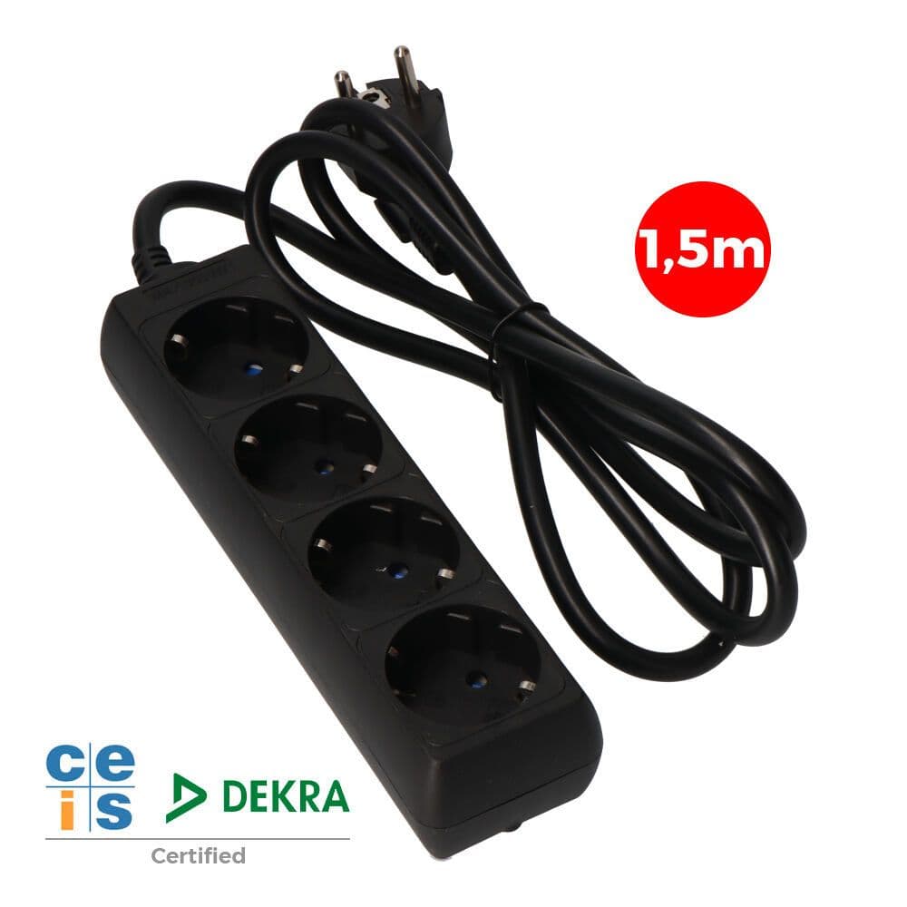 BASE MÚLTIPLE, 4 TOMAS SCHUKO 2P+T, 1,5 m DE CABLE H05VV-F 3G1,5 mm² 16A 250V~ 3680 W, NEGRA